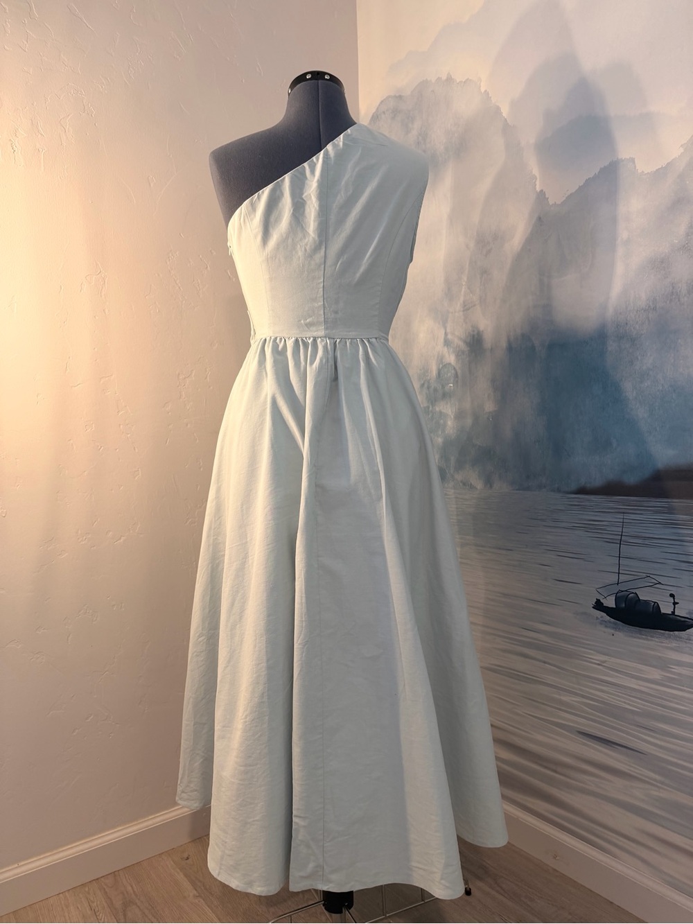 One-Shoulder Pale Blue Wrap-Detail Women’s Dress 229 - Picture 7 of 12